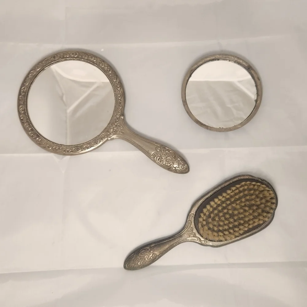 Vintage 3 Piece Sterling Silver Hand Held Mirror, Pocket Mirror and Hair…